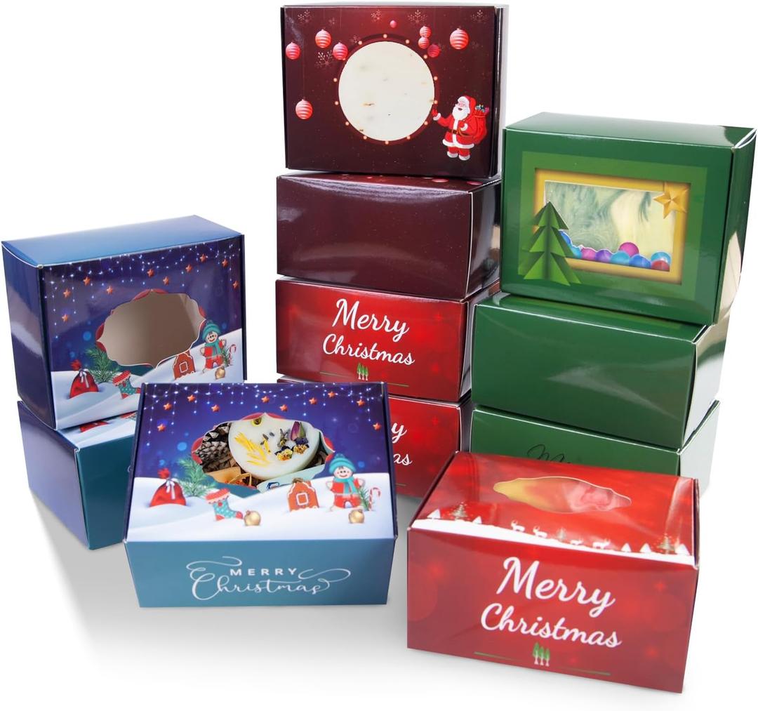 32 Pack Christmas Cookie Boxes for Gift Giving, Small Christmas Cookie Tins Holiday Bakery Treat Boxes with Window, Food Packaging Containers for Bakery Cookies Cake Candy Soap Packaging