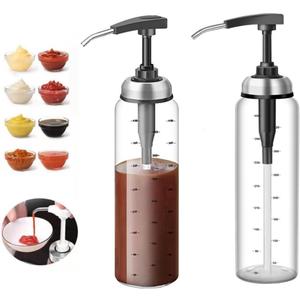 2PCS Sauce Pump Dispenser Glass, 17 oz Condiment Press Bottles- No Drip, Food Grade Pumps for Honey, Syrups, Oil, Condiments, Salad Dressings and More