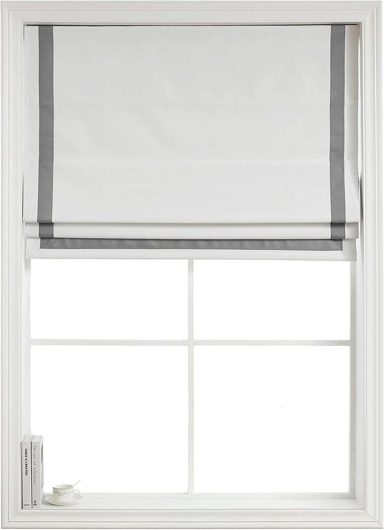 Everyday Celebration Roman Shades for Windows, 100% Blackout, Cordless Pull Down, Indoor, Ribbon Border Blinds, (Grey) 23" W X 64" H