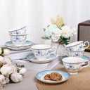 fanquare 5 Ounces Blue Rose Tea Cup Set of 6, Gold Trimmed Porcelain Coffee Cups for Party Home, Vintage British Afternoon Cup and Saucers