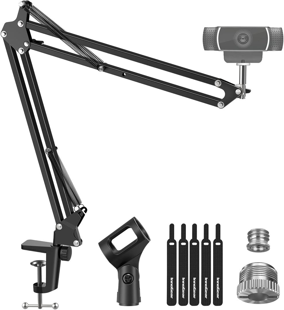 InnoGear Webcam Stand, Boom Arm Mount Stand for Logitech Webcam BRIO 4K C920 C920S C922 C922x C925e C930 NexiGo N60, 1/4"-3/8" and 3/8"-5/8" Screw for Blue Yeti Snowball Yeti Nano and Other Mics