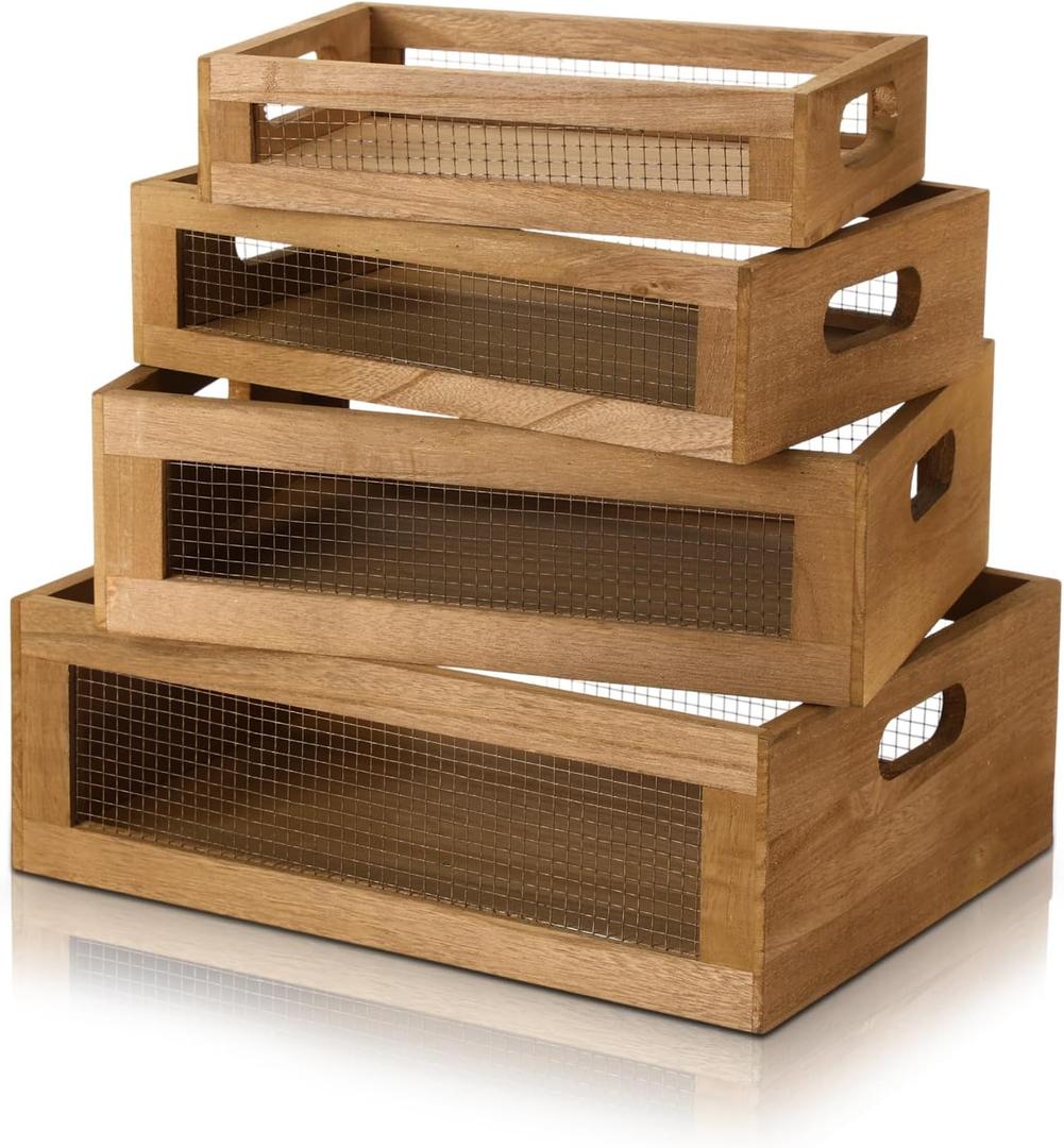 FillTouch 4 Pcs Wooden Nesting Countertop Baskets 4 Size Wooden Storage Box with Handle and Metal Wire Multipurpose Wood Organizer Crate for Fruit Vegetable Kitchen Cabinet Bathroom(Dark Brown, Small)