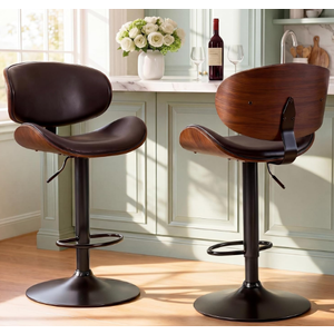DUMOS Swivel Bar Stools Set of 2, Adjustable Counter Height Bentwood BarStools, PU Leather Upholstery Bar Chair with Ergonomic Back and Footrest, Counter Stools for Bar, Home Kitchen Island, Brown