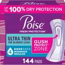 Poise Ultra Thin Incontinence Pads & Postpartum Pads for Bladder Leaks, 4 Drop Moderate Absorbency, Regular Length, 144 Count
