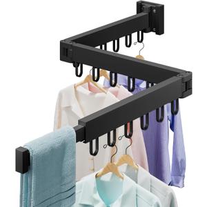Abiglifty Clothes Drying Rack Wall Mounted, Laundry Drying Rack Collapsible, Foldable & Retractablewith 18 Hooks for Indoor/Outdoor Use inLaundry Room, Bathroom & Balcony (Black)