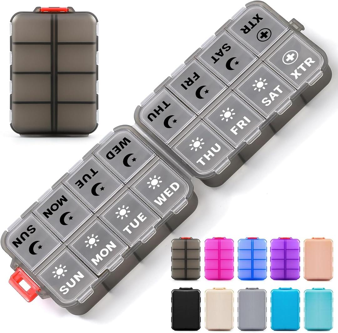 Foldable Weekly Pill Organizer 2 Times a Day with 2 Extra Compartments (Clear Printed Labels) - 7 Day AM PM Medicine Box, Week Daily Travel Pill Case Holder for Vitamin, Supplement - Clear Black