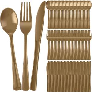300 Pcs Plastic Silverware Heavy Duty Cutlery Set Plastic Utensils Set Includes 100 Disposable Spoons 100 Forks Knives for Parties Catering Family Gathering(Gold)