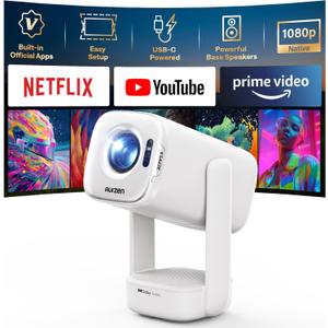 Aurzen D1 air Smart Portable Projector with WiFi and Bluetooth, USB-C Powered, Easy Auto Setup, 16W Dolby Audio, Built-in Official Apps, Native 1080P HDR10, Outdoor Movie Projector 4K Supported, White