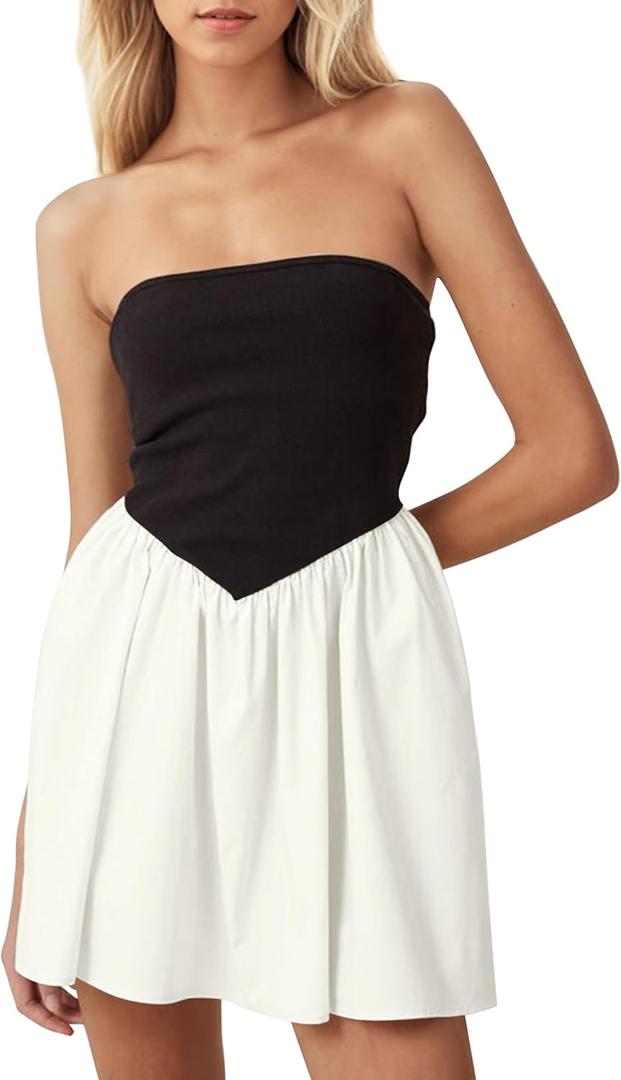 OLAPTA Women Strapless Tube Top Mini Dress Off Shoulder Sleeveless Casual Summer Patchwork Drop-Waist A-line Short Dresses(Small,Black and White)