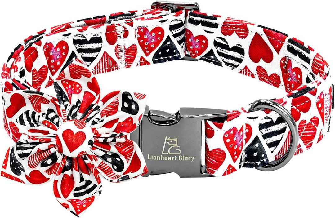 Lionheart glory Valentine's Day Dog Collar-Red Hearts Print Dog Collar with Flower for Small Dogs Spring Pink Cute Dog Bow Collars Female Puppy Collar Flowers Pet Gift