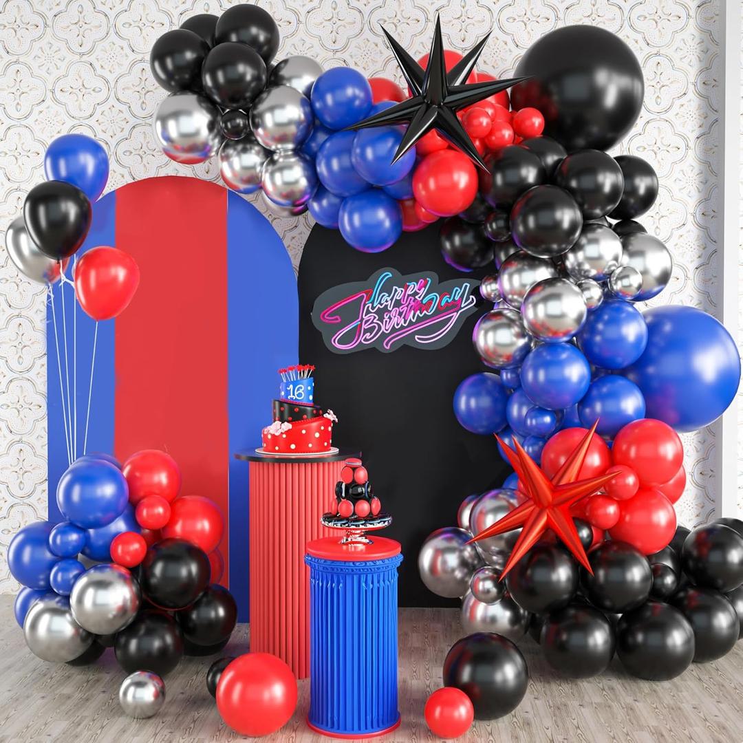 4 x Red Blue Black Balloon Arch Kit, Blue and Red Balloon Arch Kit, Blue Black Balloons Garland with 22 Inch Star Foil Balloons for Men Boys Birthday Baby Shower Graduation Party Decorations