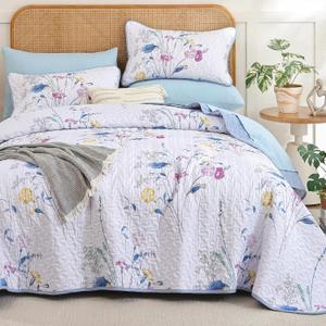 WONGS BEDDING Floral Quilt Set Queen Size, 3 Pieces Colorful Botanical Plants Pattern Bedspread Coverlet Set with 2 Pillowcases, Soft Lightweight Microfiber Bedding Set for All Season(96"90")