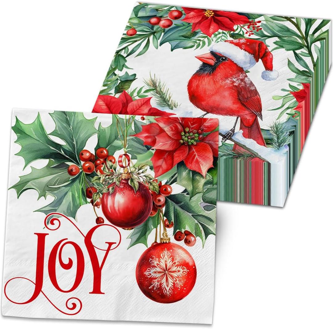 40Pcs Christmas Napkins, Cardinal Christmas Party Supplies Disposable Paper Napkins Red Cardinals Birds Napkins for Xmas Winter Holiday Party Decorations