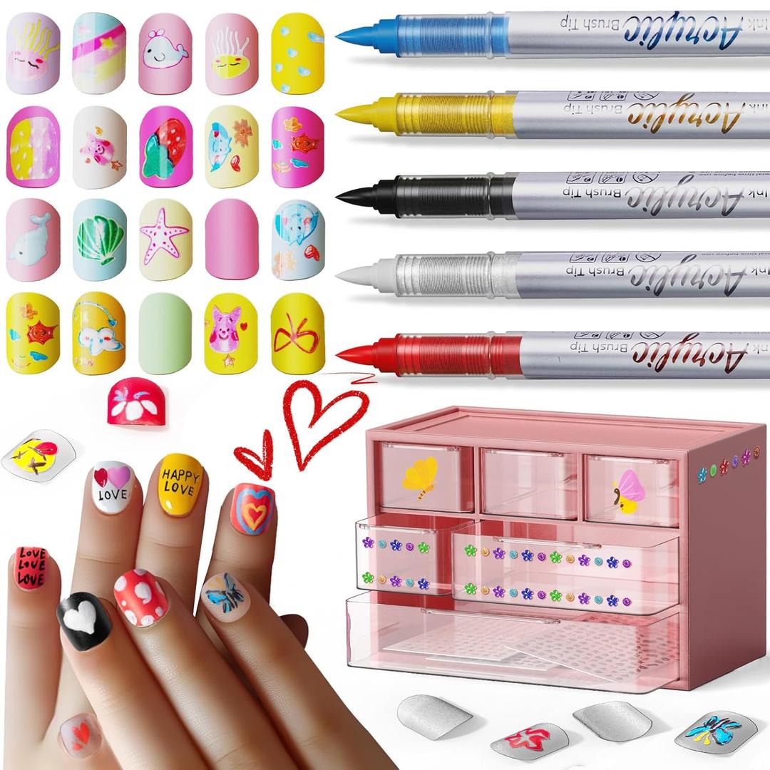 Nail Art Pens Set, DIY Kids Nail Art Kits with Nail Accessories 3D Press-On Nail, Clear Fake Nail Tips, DIY Sticker Nail Drawing Painting Pen for Salon Toys Gifts Toys for Girls (Pink)