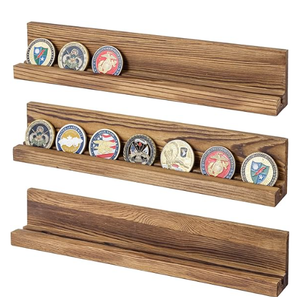 MyGift Challenge Coin Display Wall Mounted Military Challenge Coin Display Holder and Coin Collection Ledge Shelf Rack, Rustic Dark Burnt Wood Floating Shelves, Set of 3