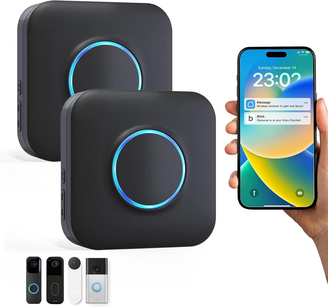 Smart WiFi Wireless Doorbell Chime for Google Nest, Ring, Blink  App-Connected with 58 Music, 5 Adjustable Volume & LED Light, No Wiring Required (2pack, Black)