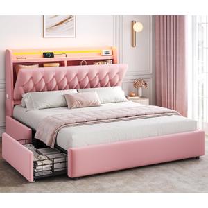 Queen LED Velvet Bed Frame with 2 Storage Drawers&Hidden Headboard, Upholstered Platform Bed with Charging Station&Button Tufted Design, Wooden Slats Support, Box Spring Optional, Easy Assembly, Pink