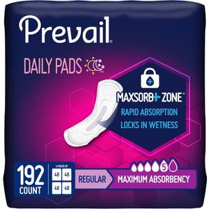 Prevail Incontinence Bladder Control Pads for Women, Maximum Absorbency, Regular Length, 192 Count (48 Count (Pack of 4)
