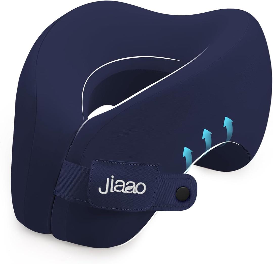 jiaao Neck Pillow Airplane, Memory Foam Travel Neck Pillows for Long Flight, 3D Eye Masks, Ear Plugs and Portable Drawstring Bag, Napping Pillow for Home, Road Trips, Sleep Rest and Travel Use (Dark Blue(hook & Loop Tape))