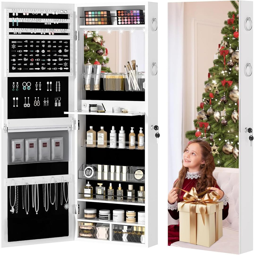 VECELO LED Jewelry Mirror Cabinet, Lockable Wall or Door Mounted Jewelry Armoire Organizer, Full Length with Storage, White