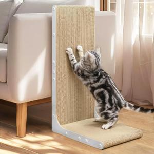 Cardboard Cat Scratcher,26 Inch L Shape Scratch Pad Wall Mounted,Vertical Scratching Board, Durable Cardboard to Protect Furniture for Indoor Cats,White Junbo