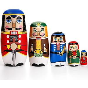 AMOR PRESENT Nutcracker Nesting Dolls, 5pcs Russian Matryoshka Dolls Christmas Nutcracker Figures Handmade Wooden Set (Multicolor)