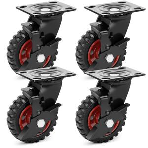 5 Inch Outdoor Heavy Duty Casters Wheels Set of 4, Sturdy Large Rubber Casters with Brake, Industrial Grade Plate Swivel Castors 1080 LBS with Knobby Tread for Workbench, Cart, Chicken Coop