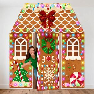 8 Pcs Christmas Gingerbread House Decorations with String Light Gingerbread Door Covers Backdrop Banners Christmas Candy Background Cloth for Holiday and Home Party Photography Photo Background Decor