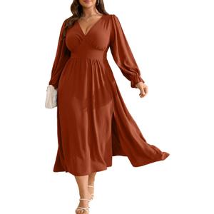 RWJ Plus Size Wedding Guest Dress for Women Deep V Neck Long Sleeve High Waist Slit Formal Cocktail Party Fall Maxi Dresses (Brown)