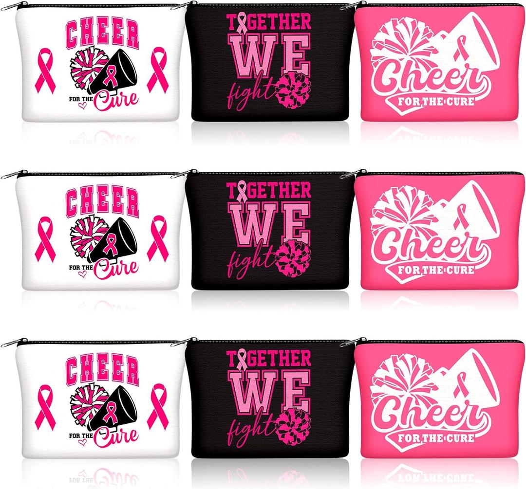 Reginary 9 Pcs Pink Ribbon Breast Cancer Awareness Cheer Makeup Bags for Cheerleader Cosmetic Bags Cheerleading Canvas Toiletry Pouch Bag Cheerleading Gifts for Girl Women Teammates Party Favors