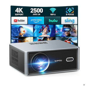 Short Throw/2500 ANSI/E-Focus] SOPYOU 4K Decoding Projector with WiFi and Bluetooth, Outdoor Movie Projectors, Max 450" Display Home Theater, Portable Smart Proyector for iOS/Android/TV Stick/PS5