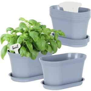 Oliz Windowsill Herb Garden Planter with Tray, Set of 6 Grey Oval Farmhouse Garden Pots for Indoor/Outdoor Plants (No Seeds) (Gray)