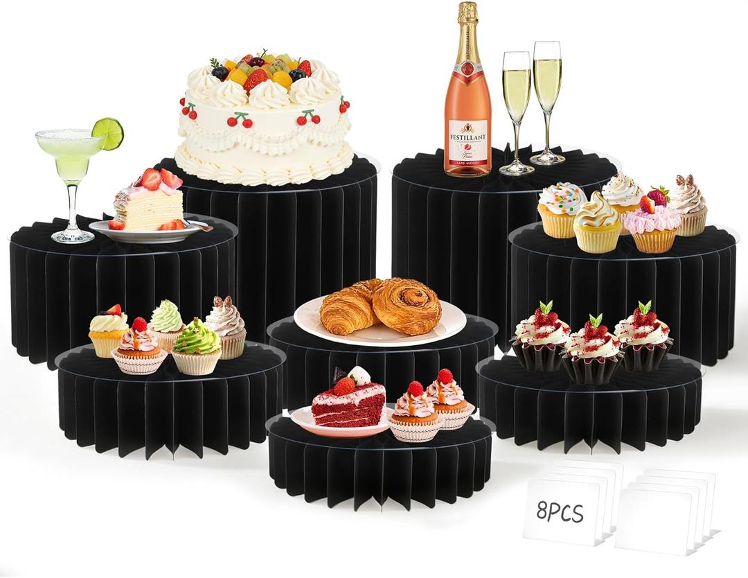 8Pack Buffet Risers Display Stands Foldable Food Risers for Buffet Table Tall Cake Cupcake Stands Cardboard Cylinder Stand Dessert Table Display Set for Catering Jewelry Wedding Party Decor (Black)