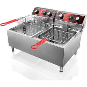Deep Fryers Stainless Steel Commercial Deep fryer with Timer Dual Tank Electric Deep Fryer with 2 Baskets Large Capacity 10L X 2 Electric Countertop Fryer for Restaurant and Home, 120V 3600W