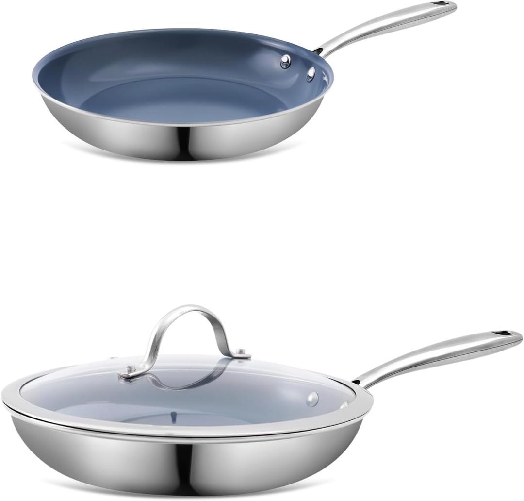 Stainless Steel Non Stick Frying Pan,8 & 10 Inch Healthy Non Toxic Ceramic Coating Cookware with Lid, Works on Induction, Electric Stove and Gas Cooktops, PTFE PFAS PFOA Free Skillet, Dishwasher & Oven Safe