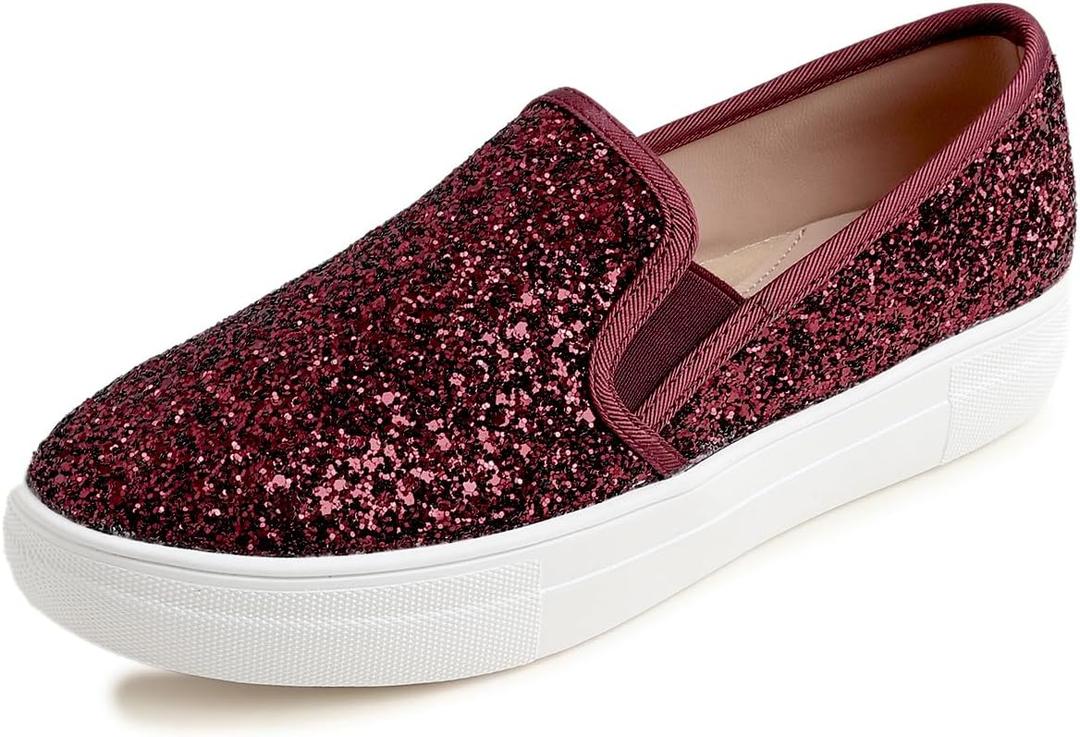 FEVERSOLE Women's Fashion Slip On Sneaker Casual Platform Loafers (7.5, Platform Burgundy Glitter)