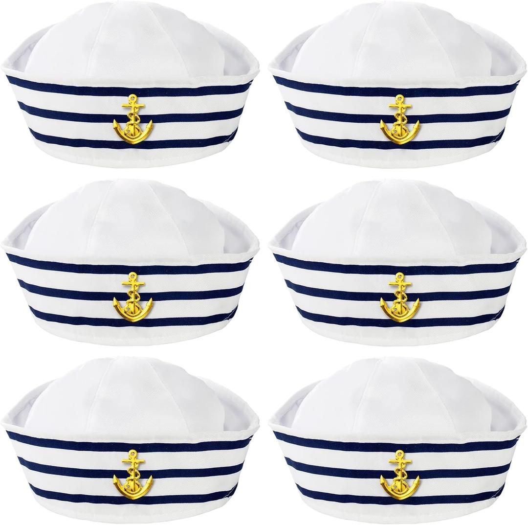 6 Pack Sailor Hat, Blue with White Captain Hats for Men Women, Navy Boat Captain Hat for Yacht Rock Party Attire, Sailor Costume, Dressing Up Party
