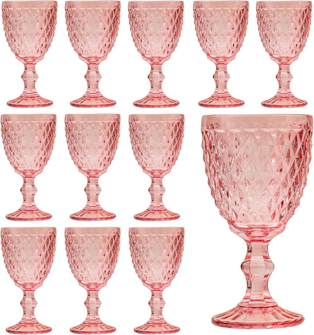 Set of 12 Vintage Glasses, 10 Ounce Colored Glass Water Goblets, Unique Embossed Pattern High Clear Stemmed Glassware Wedding Party Bar Glass Drinking Cups, Diamond Pink Glasses