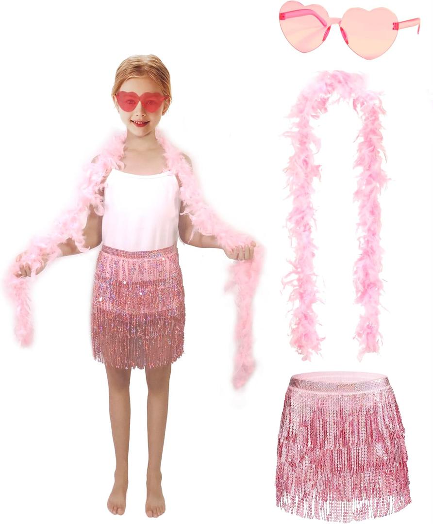 Girls Sequin Skirt Kids Fringe Tassel Skirt Feather Boa Sunglasses Belly Dance Rave Disco Tutu for 3-12Y (Pink Sets)