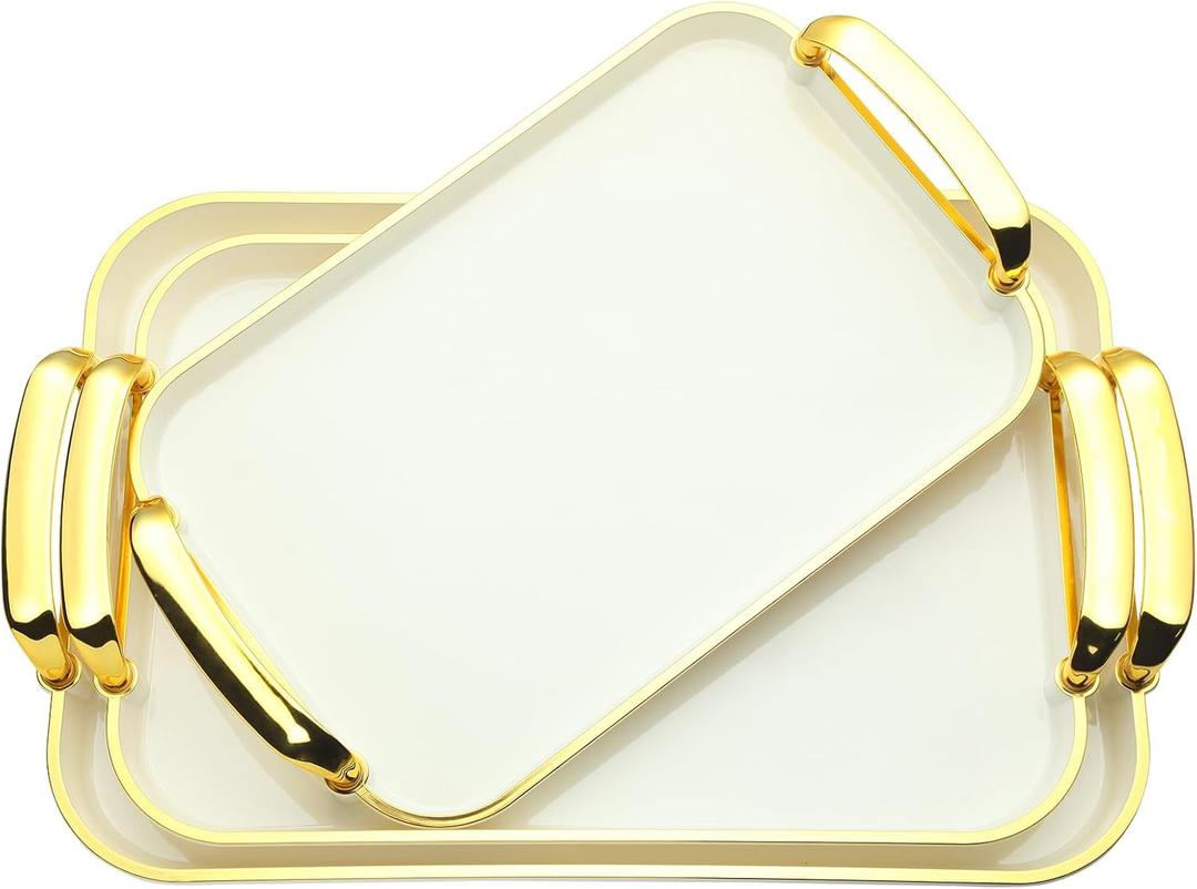 Zufudo 3 Pack Serving Tray with Handles, Stackable Reusable Trays for Serving Food, Plastic Serving Platters for Party, Charcuterie, Fruit, Appetizer, Cream Gold