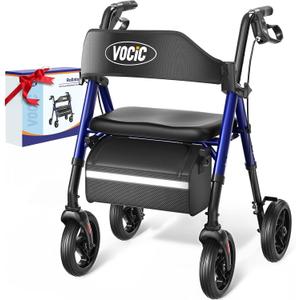 VOCIC Z21 Rollator Walker for Seniors with Seat, 8" All Terrain, 350 LBS | Lightweight Foldable & Dual Height Adjustable for Seniors, Ergonomic Arc Seat&6" Ultra Backrest Provide Comfort, Blue