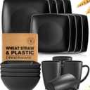 Teivio 16-piece Plastic Wheat Straw Square Dinnerware Set for 4, Unbreakable Dinner Plates, Salad Plates, Snack Bowls, Mugs, Dishwasher Safe, Black