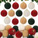 Hollowfly 24 Pcs Velvet Christmas Ornaments Balls 2.36 Inches Flocked Burgundy Red Green Brown Velvet Hanging Ornaments for Christmas Tree Shatterproof Plastic Ball Decorations for Xmas Holiday Party