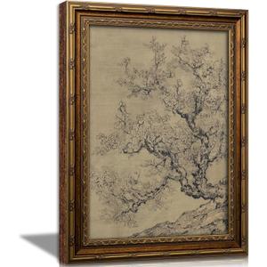 Vintage Gold Framed Cherry Wall Art, Retro Sketch Floral Canvas Painting Picture Wall Decor, Tree Landscape Poster Print Artwork for Living Room Bedroom, 24"L x 16"W