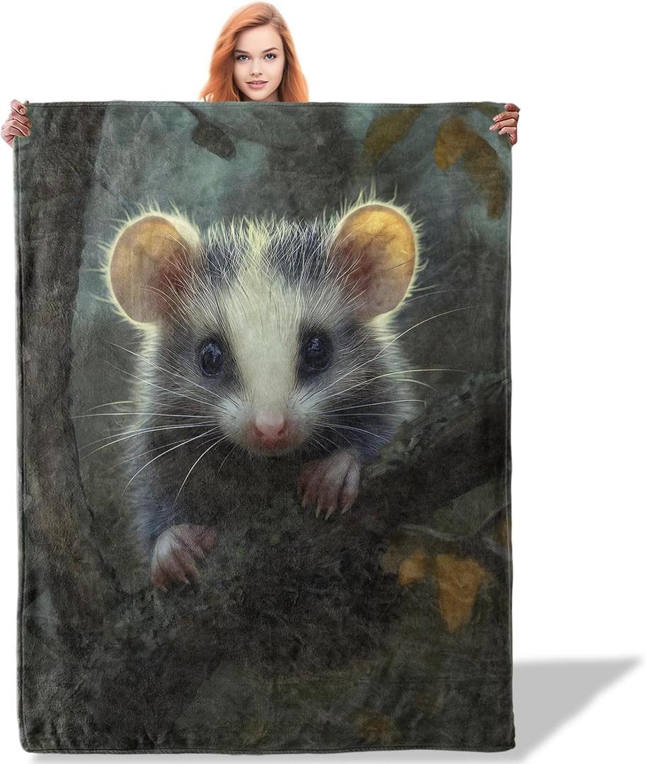 Cute Possum on Branch Throw Blanket 50"x60", Wildlife Lover Blankets for Couch Bed Decor, Warm Flannel Polyester Possum Gifts for Adults Kids