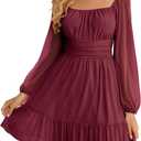 Wenrine Women's Mesh Long Sleeve Square Neck Dress High Waist A Line Ruffle Hem Flowy Casual Party Mini Dress (Red, M)