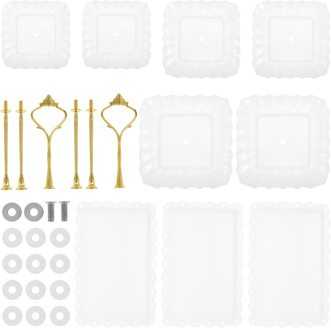 8 Pcs Dessert Table Display Set 2 Pcs 3 Layers Cupcake Stand and 6 Pcs Dessert Trays Plastic Cake Stand Set White Cake Stand and Tray Set for Wedding Birthday US (White)