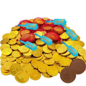 The Dreidel Company Hanukkah Chocolate Gelt, 48-Pack Mesh Bags of Milk Chocolate Coins, Kosher Certified Dairy, Dreidel and Menorah Design Chanukah Coins
