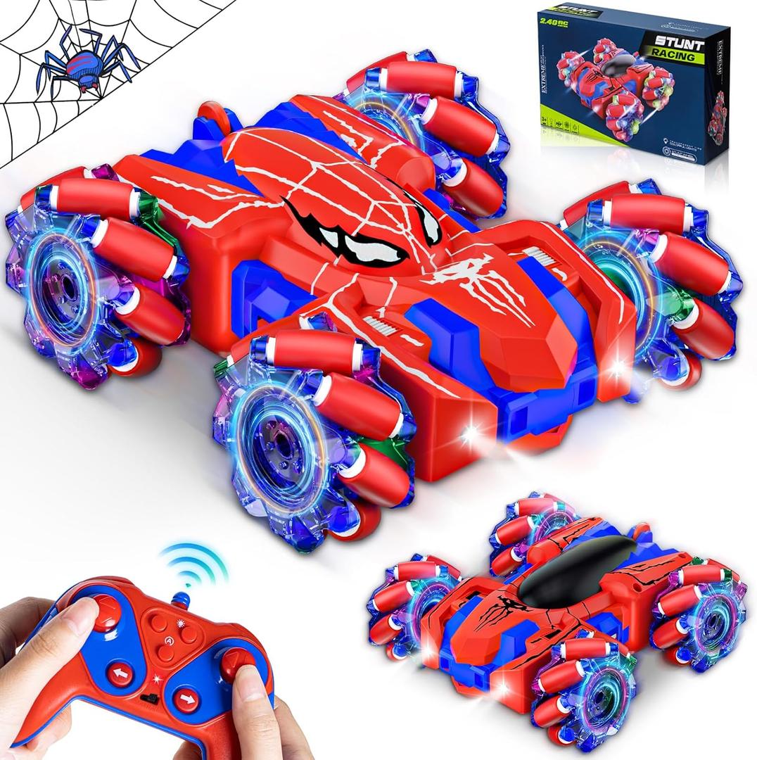 Spider Remote Control Car for Boys, Rechargeable RC Cars Toys with Cool Lights, 2.4Ghz Double Sided Drift RC Stunt Cars, 360Rotating 4WD Off-Road Race Car for 4-6 6-12 Boy Kids Gifts (Red)