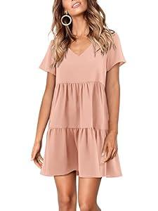Amoretu Womens Tunic Dress Casual Short Sleeve Vacation Flowy Swing Shift Dresses, Spring, Summer, 2025 (Pink, M)